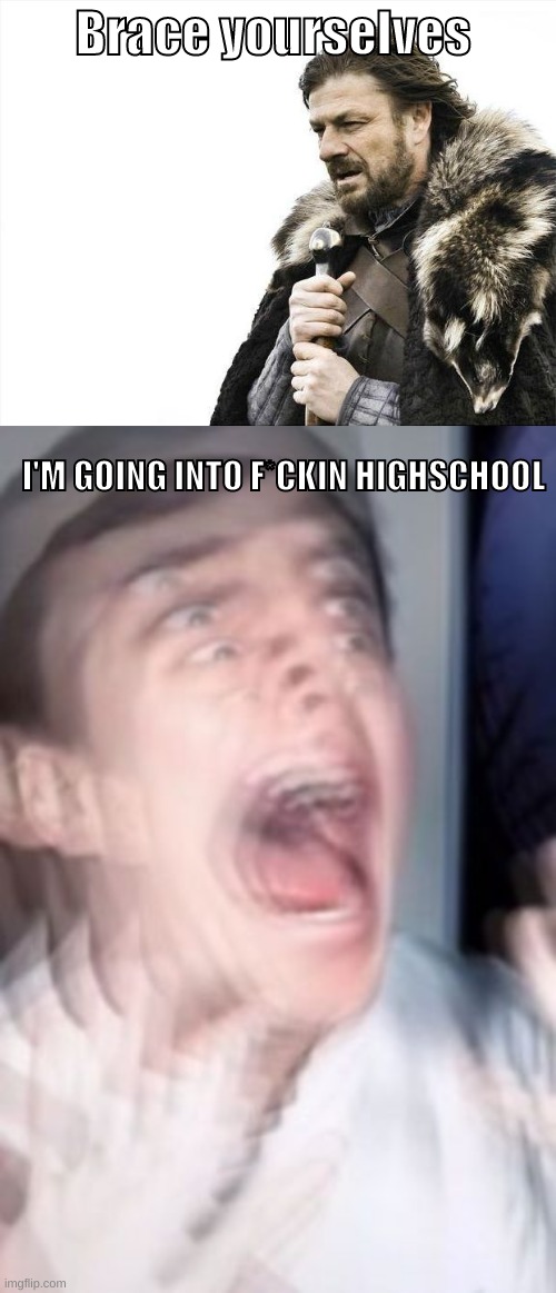 I'm scared asf |  Brace yourselves; I'M GOING INTO F*CKIN HIGHSCHOOL | image tagged in memes,brace yourselves x is coming,freaking out | made w/ Imgflip meme maker