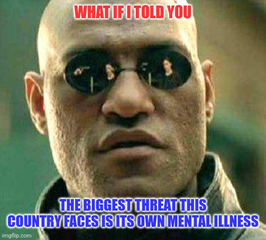 Biggest Threat is Within | WHAT IF I TOLD YOU; THE BIGGEST THREAT THIS COUNTRY FACES IS ITS OWN MENTAL ILLNESS | image tagged in what if i told you,crazy,americans | made w/ Imgflip meme maker