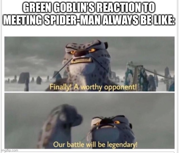 Legendary foes call for legend memes. | GREEN GOBLIN’S REACTION TO MEETING SPIDER-MAN ALWAYS BE LIKE: | image tagged in finally a worthy opponent,spider-man,green goblin,marvel,kung fu panda | made w/ Imgflip meme maker