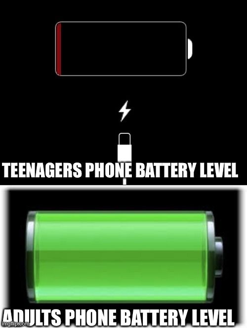 True though | TEENAGERS PHONE BATTERY LEVEL; ADULTS PHONE BATTERY LEVEL | image tagged in low battery,relatable memes,relatable,memes | made w/ Imgflip meme maker