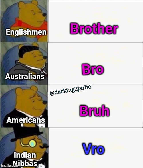 Bra! | Brother; Englishmen; Bro; Australians; @darking2jarlie; Bruh; Americans; Vro; Indian Nibbas | image tagged in bros,brother,india,indians,america,australia | made w/ Imgflip meme maker