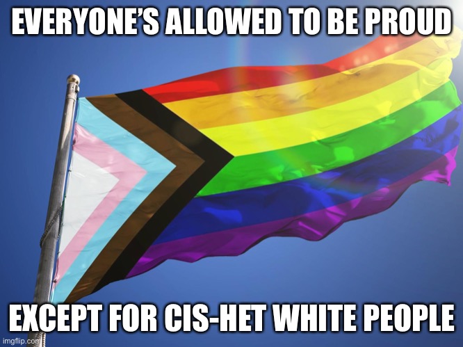 The new pride flag | EVERYONE’S ALLOWED TO BE PROUD; EXCEPT FOR CIS-HET WHITE PEOPLE | image tagged in gay pride,pride,racism,bigotry | made w/ Imgflip meme maker