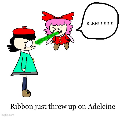 Ribbon pukes on Adeleine | image tagged in ribbon,adeleine,puke,funny,cute,gross | made w/ Imgflip meme maker