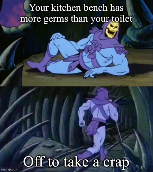 Disturbing crap | Your kitchen bench has more germs than your toilet; Off to take a crap | image tagged in skeletor disturbing facts,kitchen,toilet,germs | made w/ Imgflip meme maker