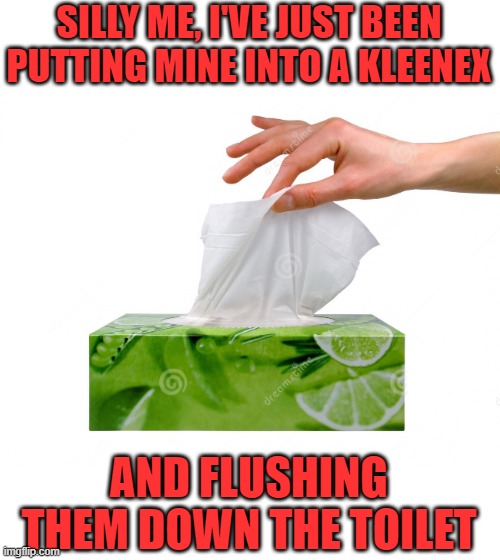 Kleenex | SILLY ME, I'VE JUST BEEN PUTTING MINE INTO A KLEENEX AND FLUSHING THEM DOWN THE TOILET | image tagged in kleenex | made w/ Imgflip meme maker