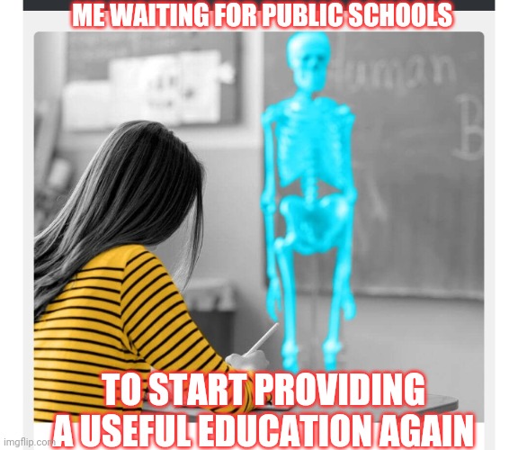 Get Woke Go Broke | ME WAITING FOR PUBLIC SCHOOLS; TO START PROVIDING A USEFUL EDUCATION AGAIN | image tagged in its time to stop,madness,return,sanity,vote,republican | made w/ Imgflip meme maker