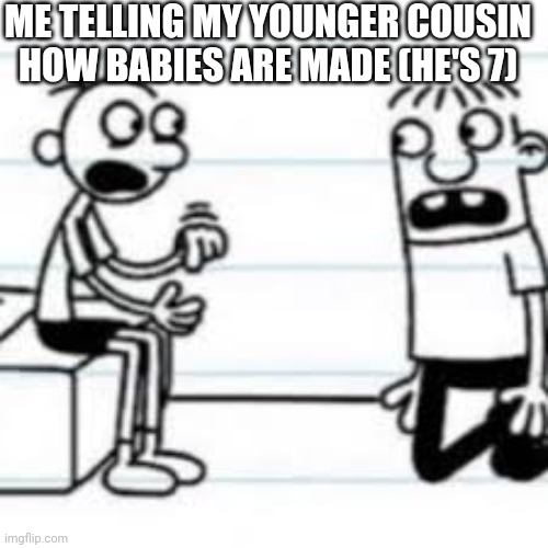 GREG TELLING ROWLEY | ME TELLING MY YOUNGER COUSIN HOW BABIES ARE MADE (HE'S 7) | image tagged in greg telling rowley | made w/ Imgflip meme maker