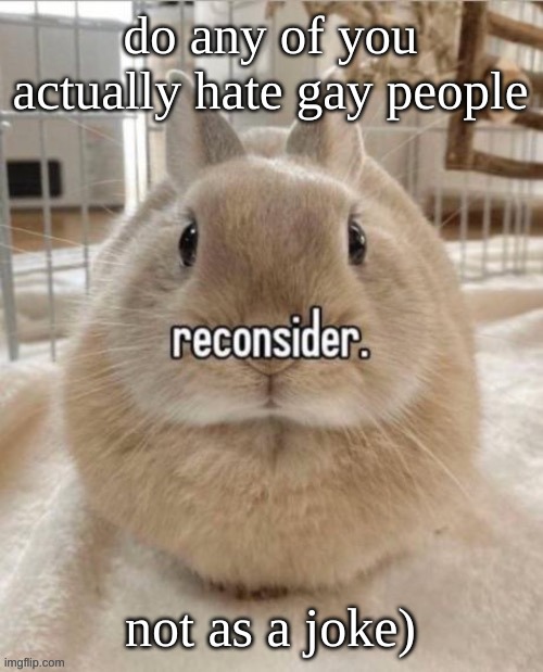 reconsider | do any of you actually hate gay people; not as a joke) | image tagged in reconsider | made w/ Imgflip meme maker