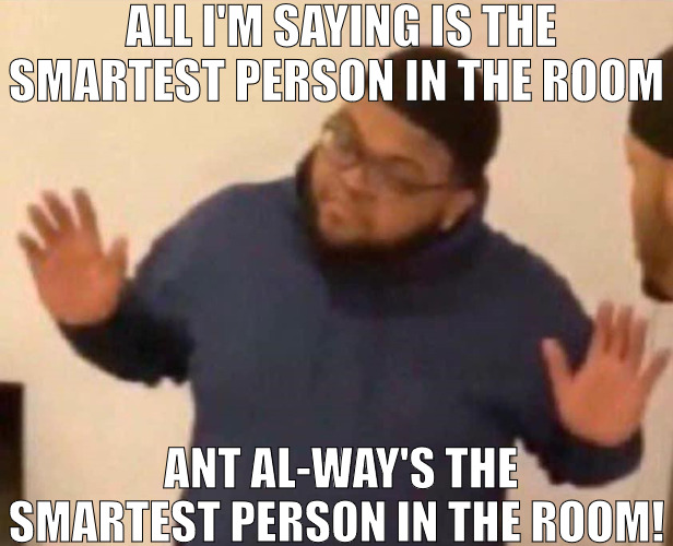 TWO BRAINS IS BETTER THAN ONE! | ALL I'M SAYING IS THE SMARTEST PERSON IN THE ROOM; ANT AL-WAY'S THE SMARTEST PERSON IN THE ROOM! | image tagged in all i'm saying,meme | made w/ Imgflip meme maker