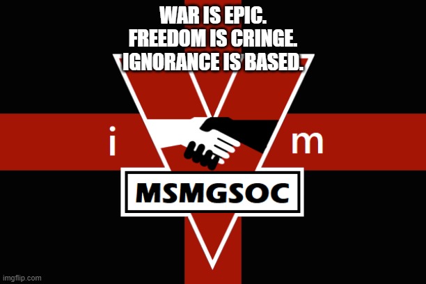 MSMGSOC flag | WAR IS EPIC.
FREEDOM IS CRINGE.
IGNORANCE IS BASED. | image tagged in msmgsoc flag | made w/ Imgflip meme maker