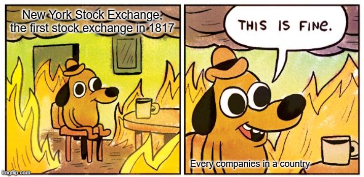 Why should you do that stock exchange in public? | New York Stock Exchange, the first stock exchange in 1817; Every companies in a country | image tagged in memes,this is fine | made w/ Imgflip meme maker