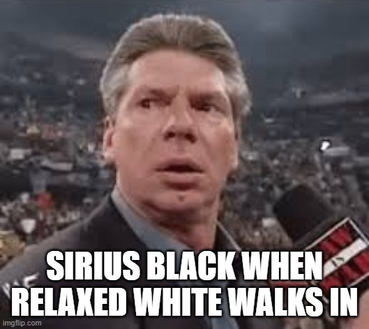 vince mcmahon surprised | SIRIUS BLACK WHEN RELAXED WHITE WALKS IN | image tagged in vince mcmahon surprised | made w/ Imgflip meme maker