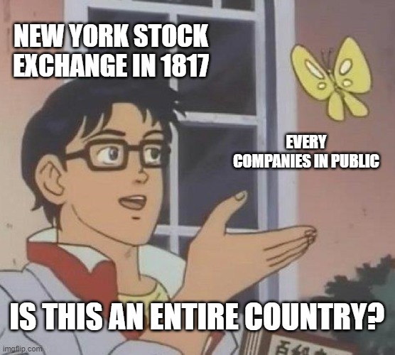What you are a stock exchange but then realize that they have a public company | NEW YORK STOCK EXCHANGE IN 1817; EVERY COMPANIES IN PUBLIC; IS THIS AN ENTIRE COUNTRY? | image tagged in memes,is this a pigeon | made w/ Imgflip meme maker