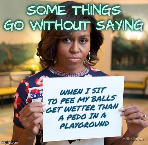 Obama Balls | SOME THINGS GO WITHOUT SAYING; SOME THINGS GO WITHOUT SAYING; WHEN I SIT
TO PEE MY BALLS 
GET WETTER THAN 
A PEDO IN A 
PLAYGROUND | image tagged in michelle obama sign,obama,memes,funny,signs,dirty joke | made w/ Imgflip meme maker