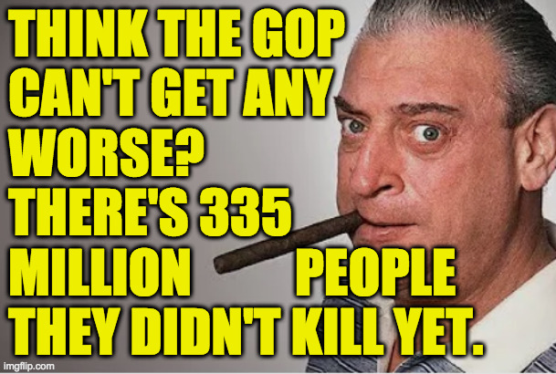 Republican goals. | THINK THE GOP
CAN'T GET ANY
WORSE?
THERE'S 335
MILLION          PEOPLE
THEY DIDN'T KILL YET. | image tagged in rodney dangerfield,memes,republican goals | made w/ Imgflip meme maker