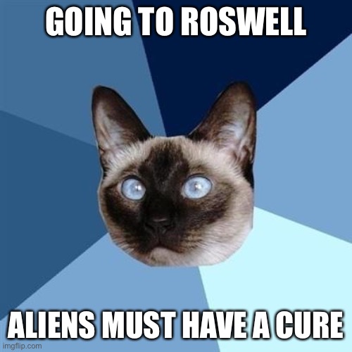 cure for chronic illness,there is no cure! | GOING TO ROSWELL; ALIENS MUST HAVE A CURE | image tagged in chronic illness cat,chronic pain,cure,aliens,magic cure,chronic illness | made w/ Imgflip meme maker