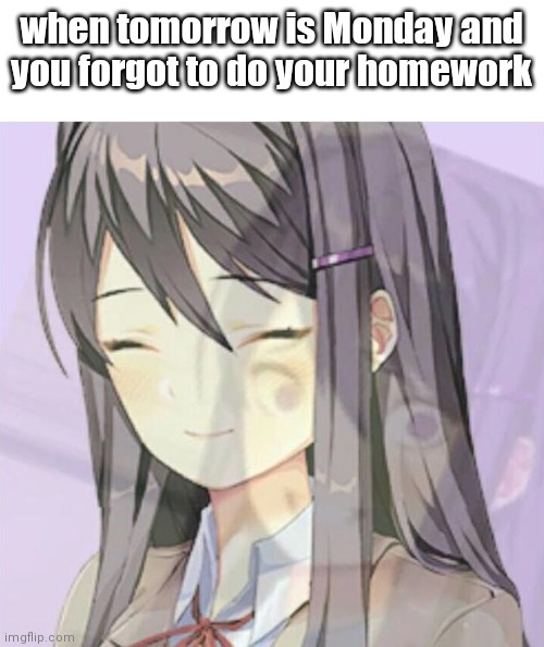 ((send help)) | when tomorrow is Monday and you forgot to do your homework | image tagged in yuri,memes,school,oh no,send help,relatable | made w/ Imgflip meme maker