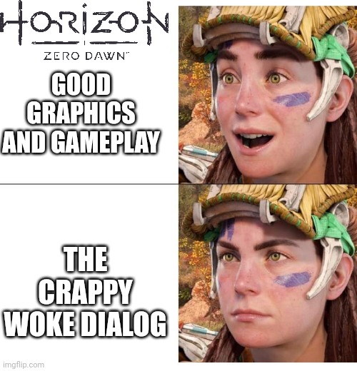 THEY WOULD BE GREAT GAMES IF IT WASN'T FOR THE TERRIBLE DIALOG | GOOD GRAPHICS AND GAMEPLAY; THE CRAPPY WOKE DIALOG | image tagged in horizon,zero dawn,forbidden west,playstation | made w/ Imgflip meme maker