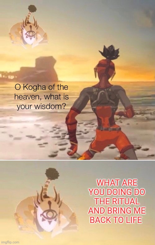 He wanted to be revived and he gets this some underlings just don't understand clear order |  WHAT ARE YOU DOING DO THE RITUAL AND BRING ME BACK TO LIFE | image tagged in kogah of the hevan what is your wisdom,the legend of zelda breath of the wild | made w/ Imgflip meme maker