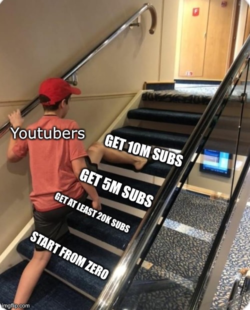 My friend told me he would get 10m in 1 week | Youtubers; GET 10M SUBS; GET 5M SUBS; GET AT LEAST 20K SUBS; START FROM ZERO | image tagged in skipping steps,it doesn't work that way | made w/ Imgflip meme maker