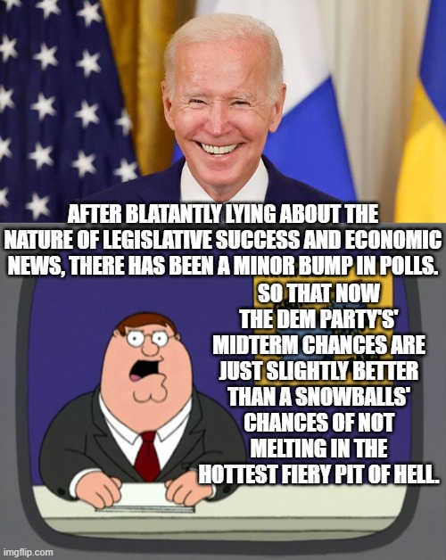 Things are looking up for the Dem Party! | SO THAT NOW THE DEM PARTY'S' MIDTERM CHANCES ARE JUST SLIGHTLY BETTER THAN A SNOWBALLS' CHANCES OF NOT MELTING IN THE HOTTEST FIERY PIT OF HELL. AFTER BLATANTLY LYING ABOUT THE NATURE OF LEGISLATIVE SUCCESS AND ECONOMIC NEWS, THERE HAS BEEN A MINOR BUMP IN POLLS. | image tagged in lying leftists | made w/ Imgflip meme maker