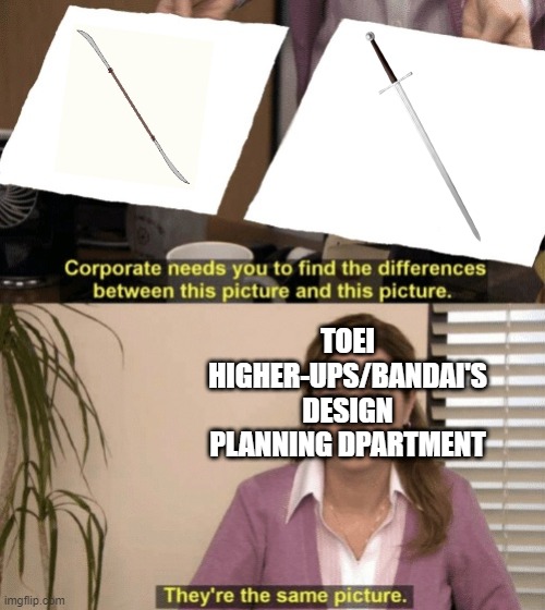 Sword Vent? You mean "Spear Vent" right? | TOEI HIGHER-UPS/BANDAI'S DESIGN PLANNING DPARTMENT | image tagged in corporate needs you to find the differences,kamen rider ryuki,kamen rider | made w/ Imgflip meme maker