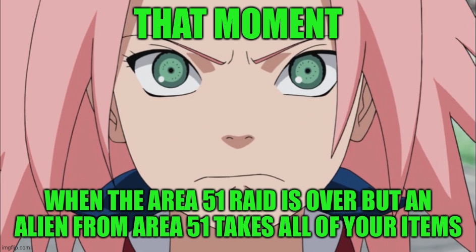 After The Area 51 Raid…An Alien Gets Revenge By Stealing Your Things From The Area 51 Raid | THAT MOMENT; WHEN THE AREA 51 RAID IS OVER BUT AN ALIEN FROM AREA 51 TAKES ALL OF YOUR ITEMS | image tagged in sakura is upset,after the area 51 raid,memes,sakura haruno,revenge,stealing | made w/ Imgflip meme maker