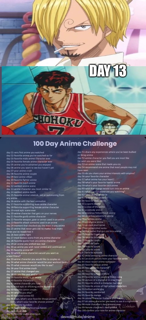Tie between Ryota and Sanji | DAY 13 | image tagged in 100 day anime challenge,one piece,basketball | made w/ Imgflip meme maker