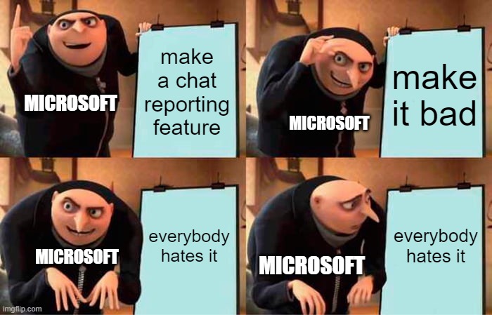 minecraft chat reporting... | make a chat reporting feature; make it bad; MICROSOFT; MICROSOFT; everybody hates it; everybody hates it; MICROSOFT; MICROSOFT | image tagged in memes,gru's plan | made w/ Imgflip meme maker