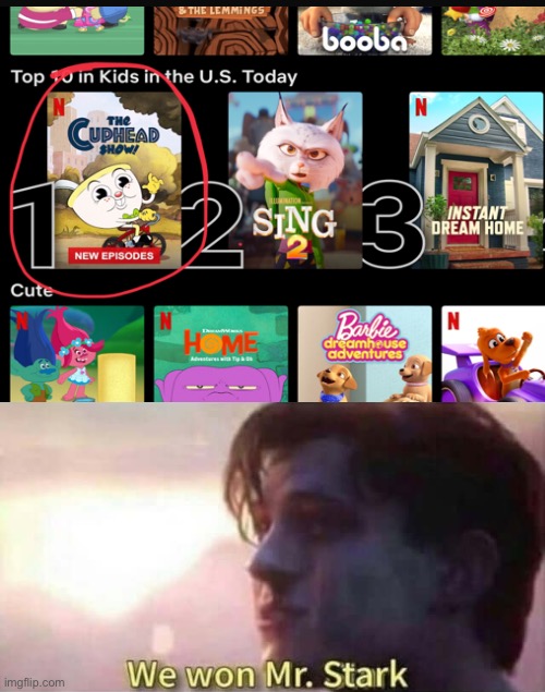 Oh yeah Cuphead show is #1 :D | image tagged in we won mr stark,cuphead,netflix | made w/ Imgflip meme maker