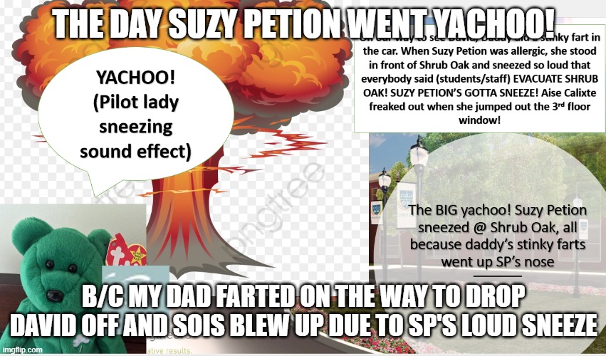 Suzy sneezing @ my brother's school, b/c of Daddy farting went up Suzy Petion's nose and blew up the Special Education School NY | THE DAY SUZY PETION WENT YACHOO! B/C MY DAD FARTED ON THE WAY TO DROP DAVID OFF AND SOIS BLEW UP DUE TO SP'S LOUD SNEEZE | image tagged in sneezing,farting,daddy,honda,pilot,lady | made w/ Imgflip meme maker