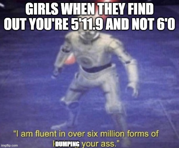 I am fluent in over six million forms of kicking your ass | GIRLS WHEN THEY FIND OUT YOU'RE 5'11.9 AND NOT 6'0; DUMPING | image tagged in i am fluent in over six million forms of kicking your ass | made w/ Imgflip meme maker