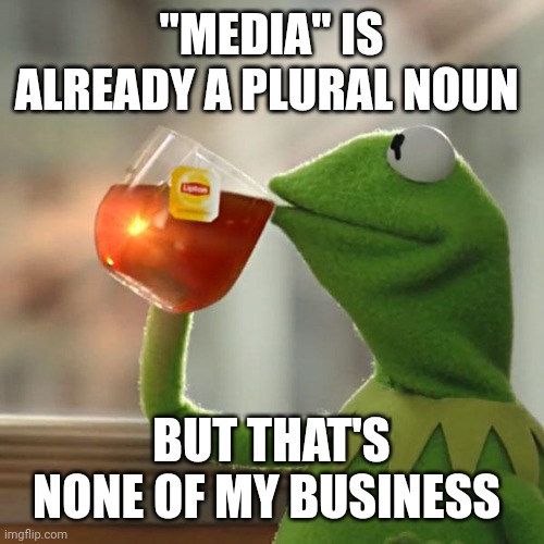 But That's None Of My Business Meme | "MEDIA" IS ALREADY A PLURAL NOUN BUT THAT'S NONE OF MY BUSINESS | image tagged in memes,but that's none of my business,kermit the frog | made w/ Imgflip meme maker