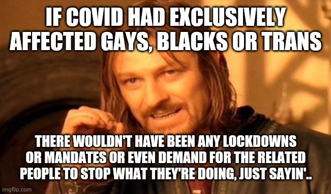 "Gays! Stop having s*x this instant! You're Killin people!" -CDC in the year 2000 and never.. | IF COVID HAD EXCLUSIVELY AFFECTED GAYS, BLACKS OR TRANS; THERE WOULDN'T HAVE BEEN ANY LOCKDOWNS OR MANDATES OR EVEN DEMAND FOR THE RELATED PEOPLE TO STOP WHAT THEY'RE DOING, JUST SAYIN'.. | image tagged in memes,one does not simply | made w/ Imgflip meme maker