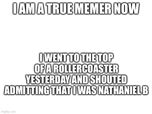 Fear me | I AM A TRUE MEMER NOW; I WENT TO THE TOP OF A ROLLERCOASTER YESTERDAY AND SHOUTED ADMITTING THAT I WAS NATHANIEL B | image tagged in blank white template | made w/ Imgflip meme maker