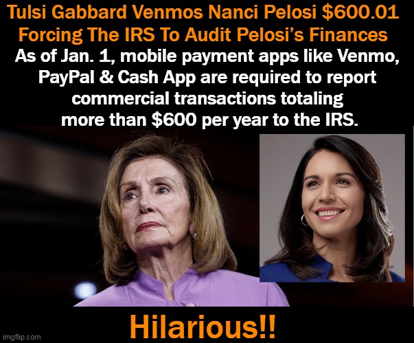 “The law was put in place to come down on middle class Americans & leave millionaires like Pelosi untouched. But I got her!” Gab | Tulsi Gabbard Venmos Nanci Pelosi $600.01 Forcing The IRS To Audit Pelosi’s Finances; As of Jan. 1, mobile payment apps like Venmo, 
PayPal & Cash App are required to report 
commercial transactions totaling 
more than $600 per year to the IRS. Hilarious!! | image tagged in politics,tulsi gabbard,irs,what is good for the goose is good for the gander,nancy pelosi,time for nancy to go | made w/ Imgflip meme maker