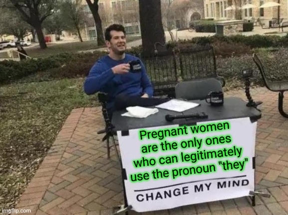 They is plural | Pregnant women are the only ones who can legitimately use the pronoun "they" | image tagged in memes,change my mind | made w/ Imgflip meme maker