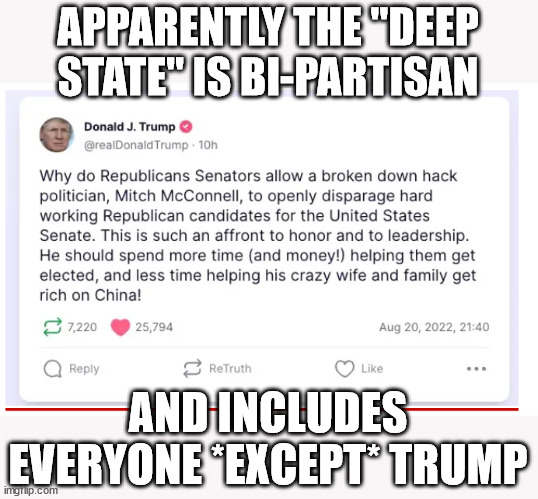 His cult members keep on cultin' | APPARENTLY THE "DEEP STATE" IS BI-PARTISAN; AND INCLUDES EVERYONE *EXCEPT* TRUMP | image tagged in donald trump,cult | made w/ Imgflip meme maker