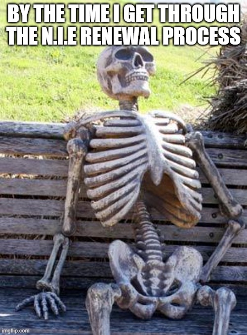 Waiting Skeleton | BY THE TIME I GET THROUGH THE N.I.E RENEWAL PROCESS | image tagged in memes,waiting skeleton | made w/ Imgflip meme maker