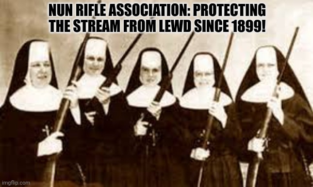 Too many NSFW memes on this stream, probably | NUN RIFLE ASSOCIATION: PROTECTING THE STREAM FROM LEWD SINCE 1899! | image tagged in nun,rifle,association,get the gun,nsfw weekend | made w/ Imgflip meme maker