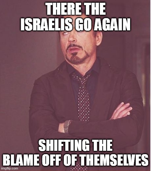 The Blame Game | THERE THE ISRAELIS GO AGAIN; SHIFTING THE BLAME OFF OF THEMSELVES | image tagged in memes,face you make robert downey jr,israel,victim-blaming,victim blaming,war crimes | made w/ Imgflip meme maker