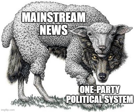 One-Party News |  MAINSTREAM
NEWS; ONE-PARTY
POLITICAL SYSTEM | image tagged in mainstream media,democrats,conspiracy,economy,globalism,politics | made w/ Imgflip meme maker