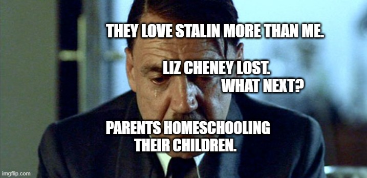 Crying Hitler | THEY LOVE STALIN MORE THAN ME.                                                  LIZ CHENEY LOST.                                            WHAT NEXT? PARENTS HOMESCHOOLING THEIR CHILDREN. | image tagged in crying hitler | made w/ Imgflip meme maker