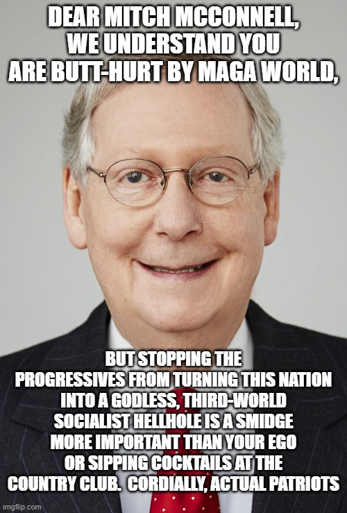It had to be said, didn't it? | DEAR MITCH MCCONNELL, WE UNDERSTAND YOU ARE BUTT-HURT BY MAGA WORLD, BUT STOPPING THE PROGRESSIVES FROM TURNING THIS NATION INTO A GODLESS, THIRD-WORLD SOCIALIST HELLHOLE IS A SMIDGE MORE IMPORTANT THAN YOUR EGO OR SIPPING COCKTAILS AT THE COUNTRY CLUB.  CORDIALLY, ACTUAL PATRIOTS | image tagged in mitch mcconnell | made w/ Imgflip meme maker