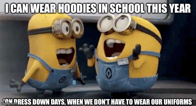 So… yay | I CAN WEAR HOODIES IN SCHOOL THIS YEAR; *ON DRESS DOWN DAYS, WHEN WE DON’T HAVE TO WEAR OUR UNIFORMS | image tagged in memes,excited minions | made w/ Imgflip meme maker