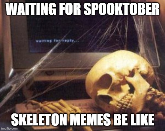 Waiting for the dooting to commence | WAITING FOR SPOOKTOBER; SKELETON MEMES BE LIKE | image tagged in skeleton computer,spooktober,spooky scary skeleton,skeleton memes | made w/ Imgflip meme maker