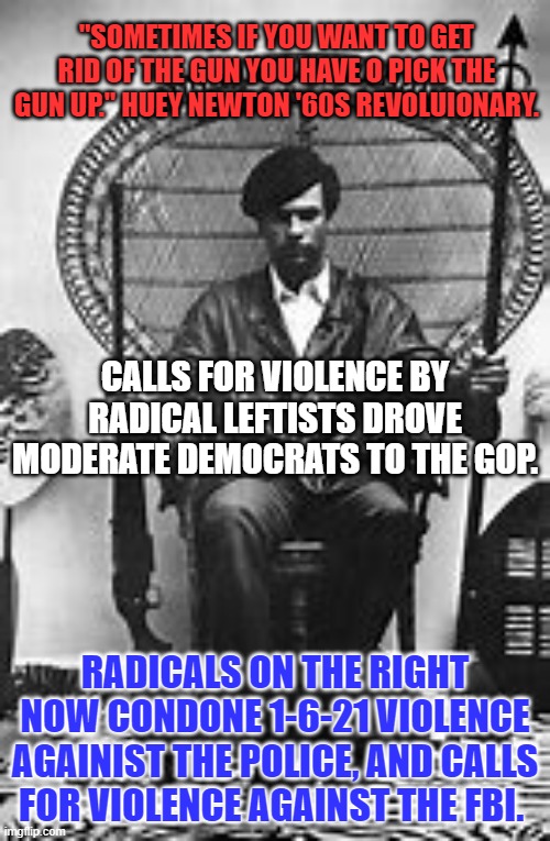 We can't save Democracy from the Radical Right by voting them into office. Vote Blue in '22. | "SOMETIMES IF YOU WANT TO GET RID OF THE GUN YOU HAVE O PICK THE GUN UP." HUEY NEWTON '60S REVOLUIONARY. CALLS FOR VIOLENCE BY RADICAL LEFTISTS DROVE MODERATE DEMOCRATS TO THE GOP. RADICALS ON THE RIGHT NOW CONDONE 1-6-21 VIOLENCE AGAINIST THE POLICE, AND CALLS FOR VIOLENCE AGAINST THE FBI. | image tagged in politics | made w/ Imgflip meme maker
