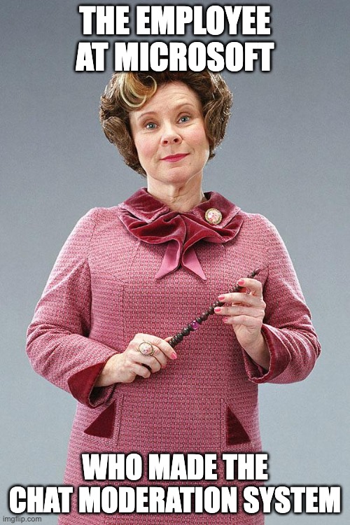 Dolores Umbridge Chat Moderation | THE EMPLOYEE AT MICROSOFT; WHO MADE THE CHAT MODERATION SYSTEM | image tagged in dolores umbridge | made w/ Imgflip meme maker