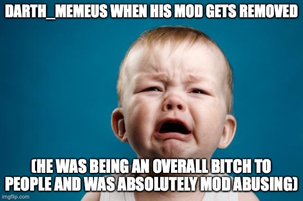 yeah thats right you heard me |  DARTH_MEMEUS WHEN HIS MOD GETS REMOVED; (HE WAS BEING AN OVERALL BITCH TO PEOPLE AND WAS ABSOLUTELY MOD ABUSING) | image tagged in baby crying | made w/ Imgflip meme maker