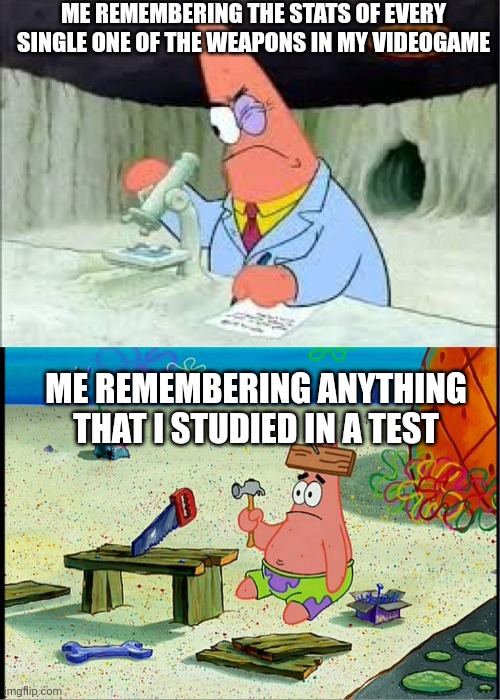 This iz a meme | ME REMEMBERING THE STATS OF EVERY SINGLE ONE OF THE WEAPONS IN MY VIDEOGAME; ME REMEMBERING ANYTHING THAT I STUDIED IN A TEST | image tagged in patrick smart dumb | made w/ Imgflip meme maker
